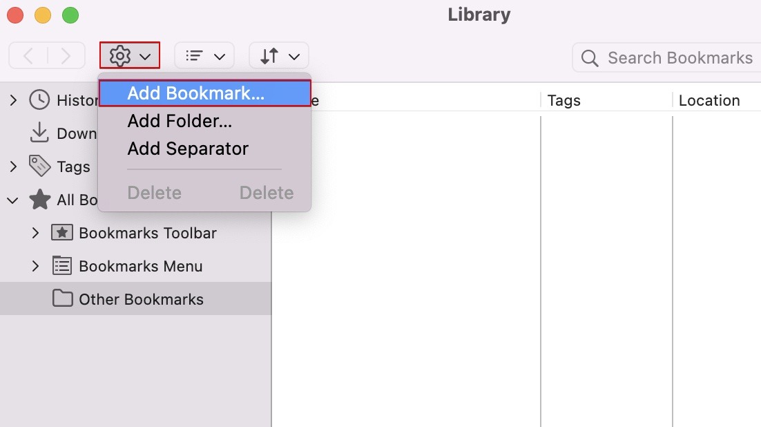 Screenshot showing how to add bookmark the Firefox Bookmark Manager 