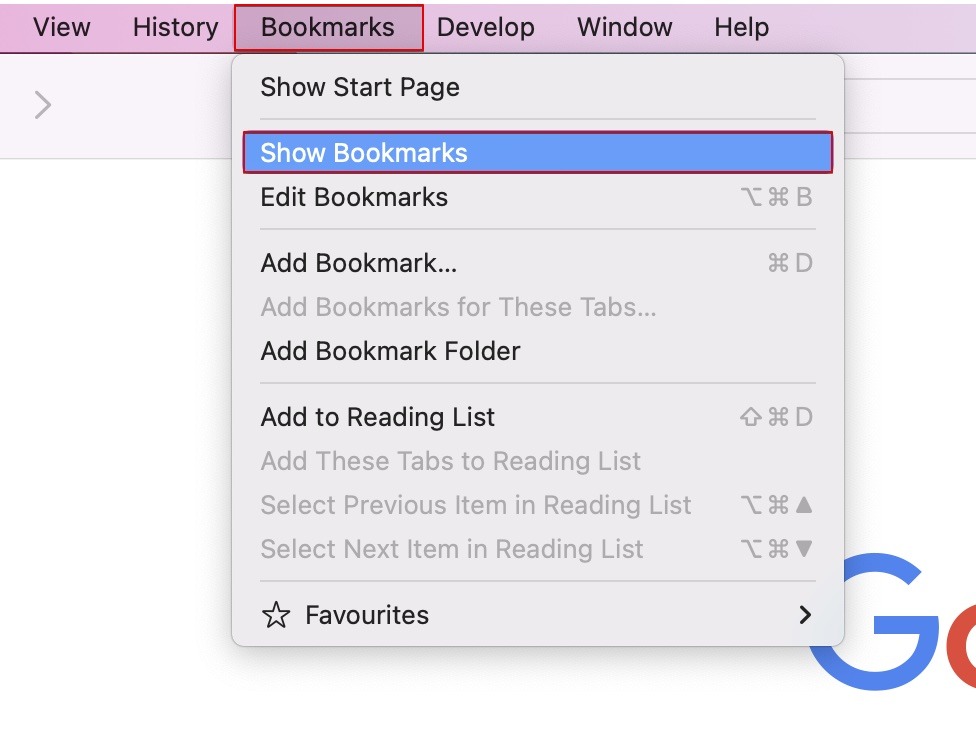 Screenshot showing how to access the Safari Bookmark Manager 