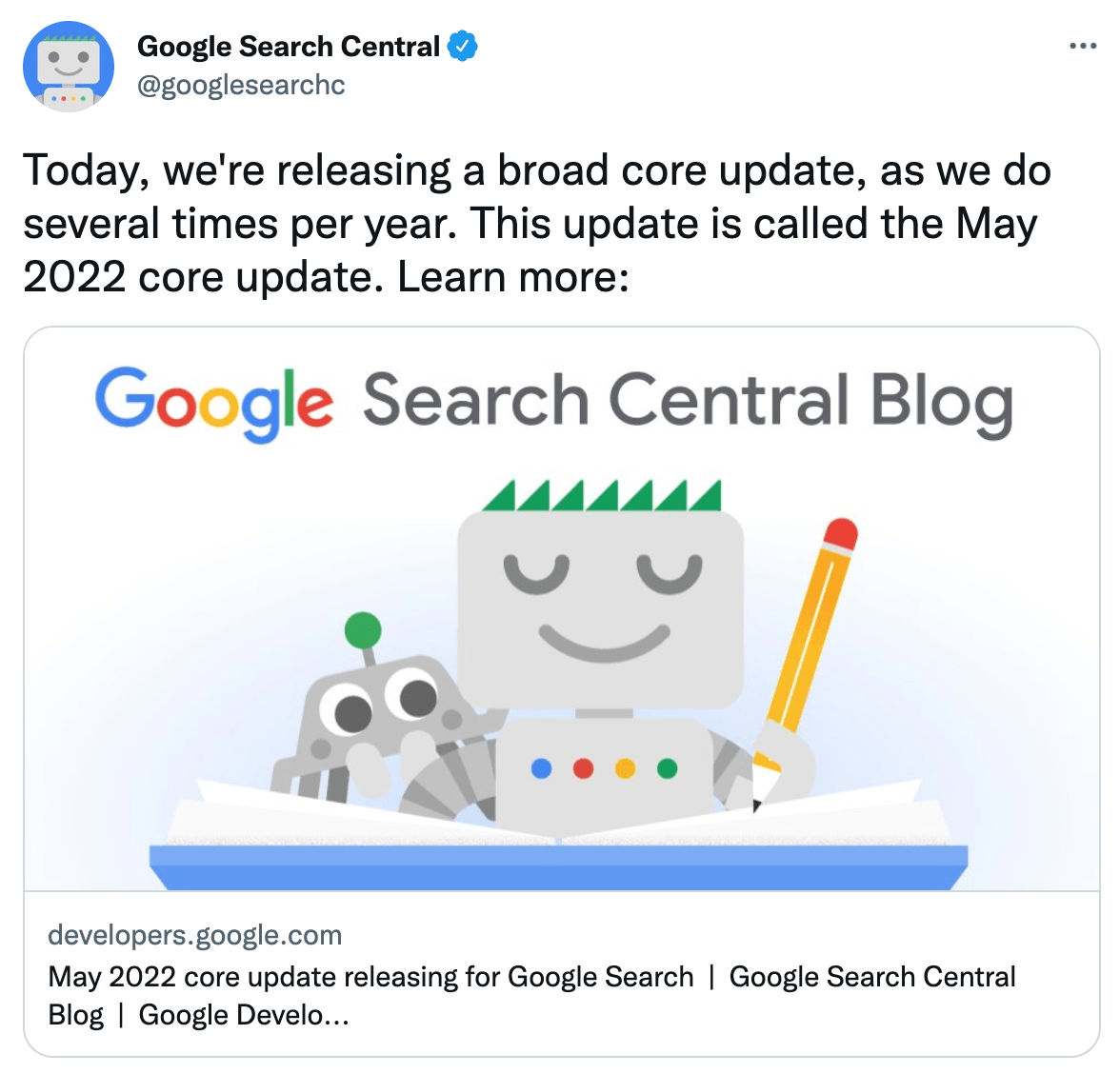 Screenshot of Google Search Console's twitter profile announcing core algorithm update
