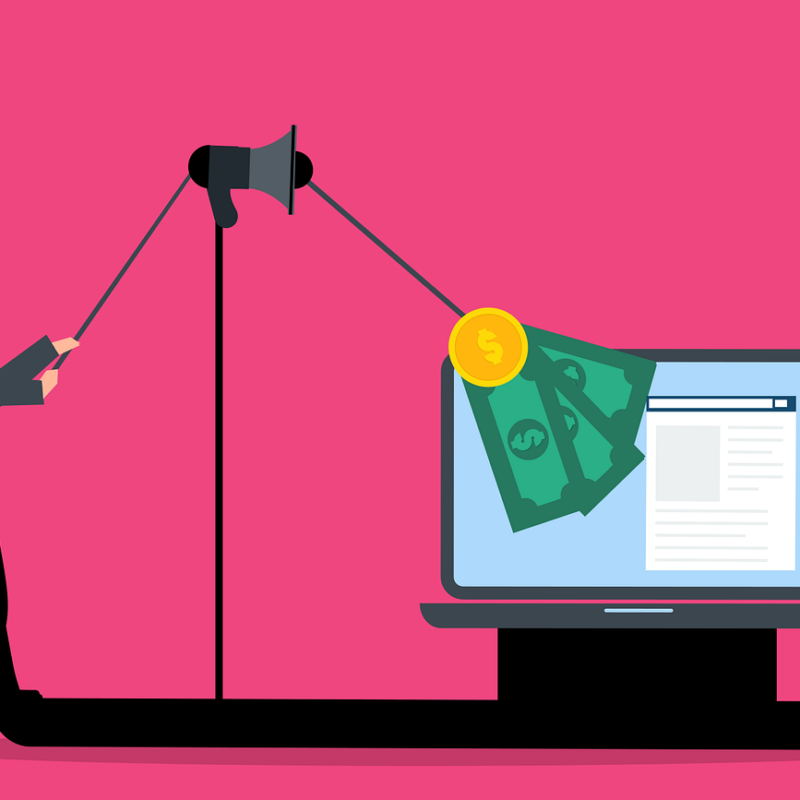 Graphic of business man dangling some money in front of a laptop