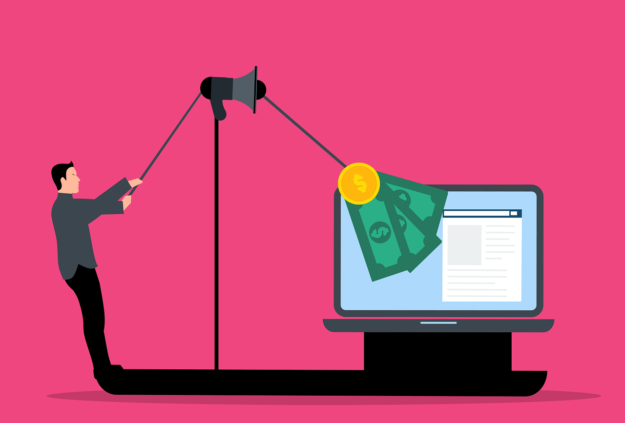 Graphic of business man dangling some money in front of a laptop