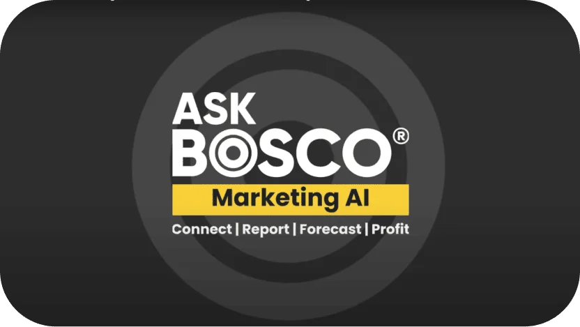 AskBosco Marketing AI logo with tagline Connect, Report, Forecast, Profit on a dark background with target design.