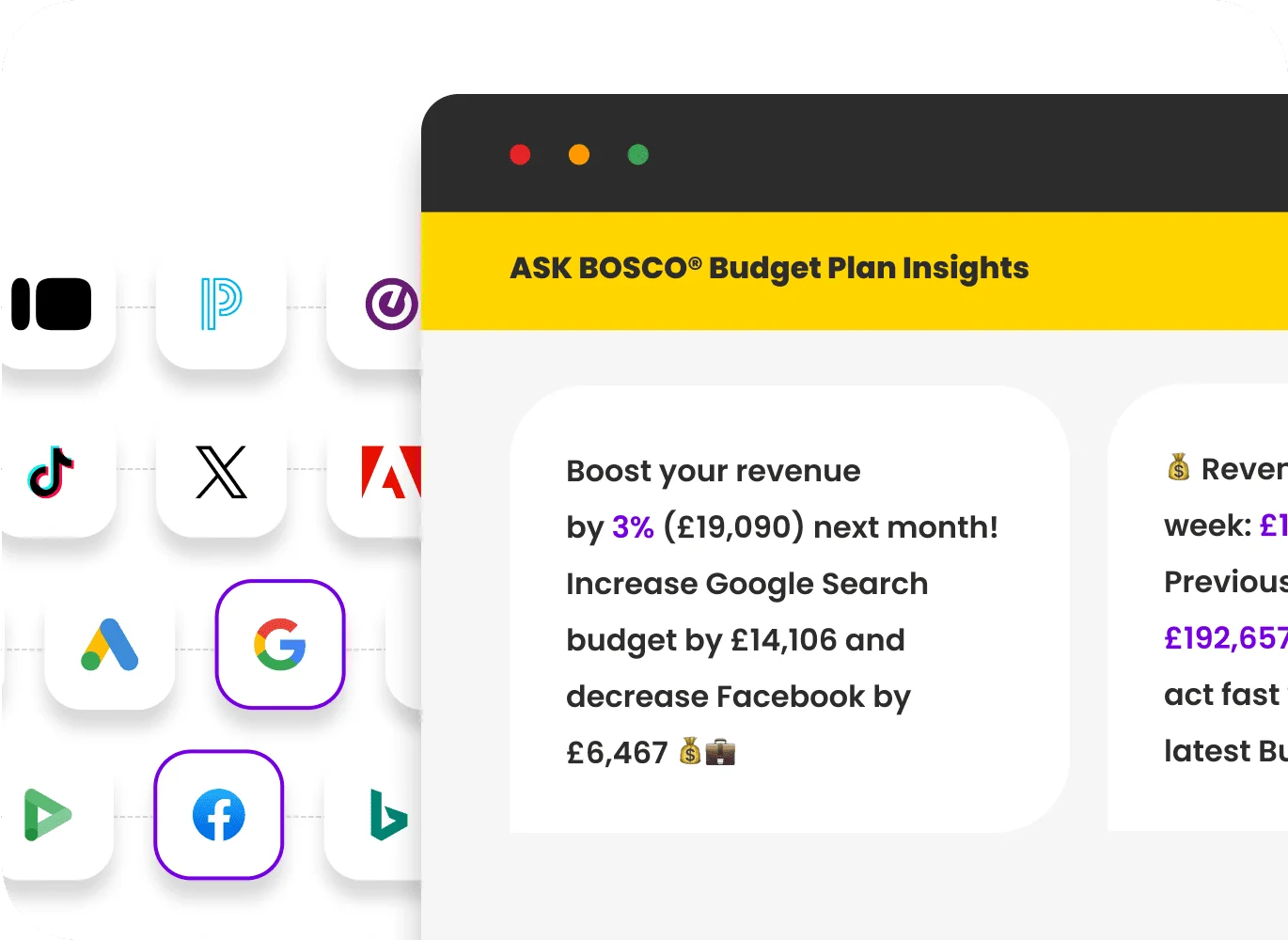 Ask Bosco budget insights panel showing Google and Facebook Ads integrations with revenue growth recommendations