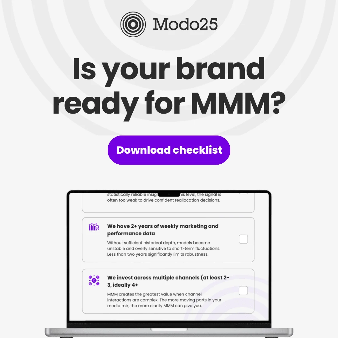Modo25 promotional graphic asking "Is your brand ready for MMM?" with a download checklist button and laptop preview.