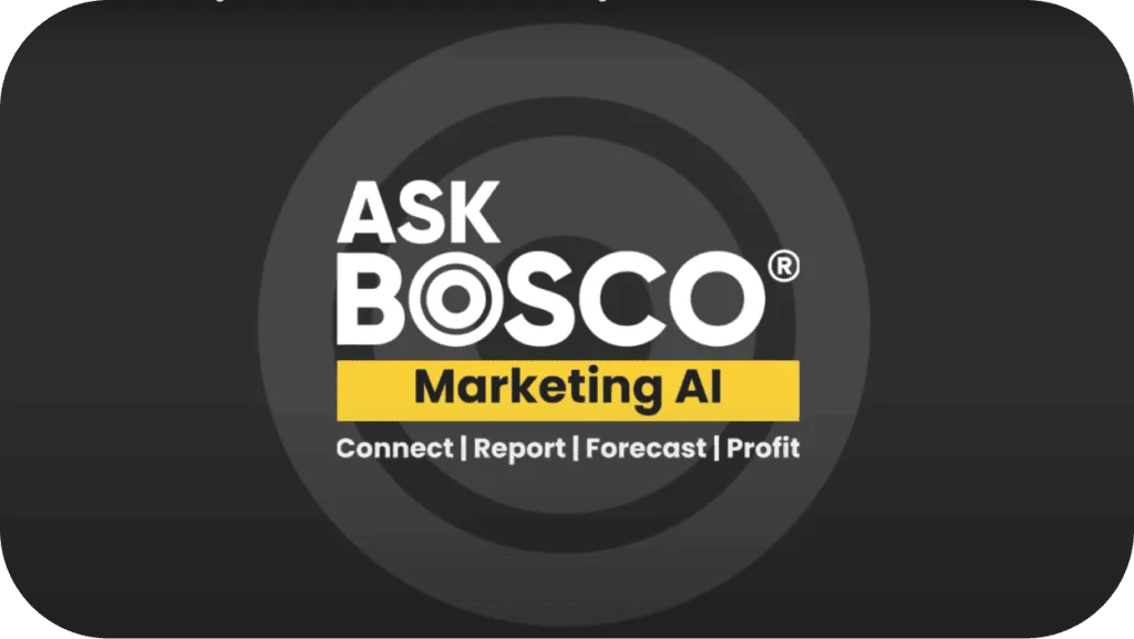 AskBosco Marketing AI logo with tagline Connect, Report, Forecast, Profit on a dark concentric circle background.