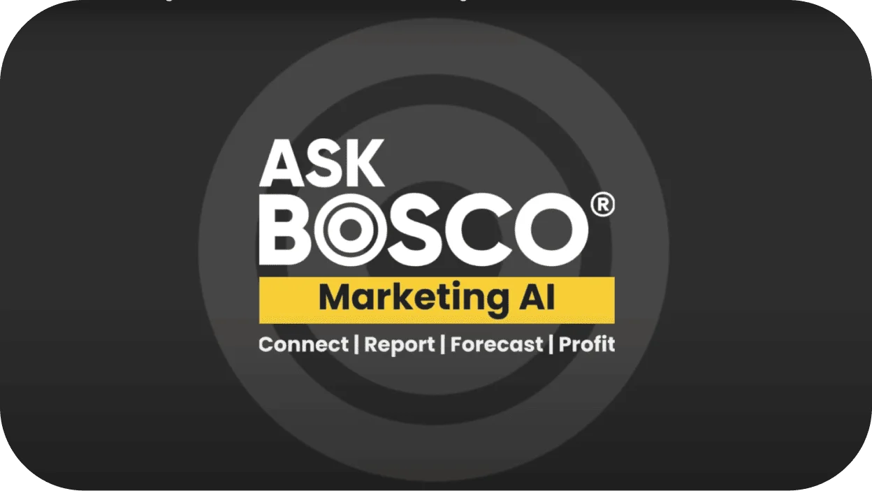 AskBosco Marketing AI logo with tagline Connect, Report, Forecast, Profit on a dark concentric circle background.