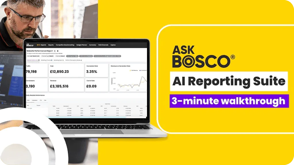 Man viewing website performance analytics dashboard on laptop, promoting Ask Bosco AI Reporting Suite walkthrough video.