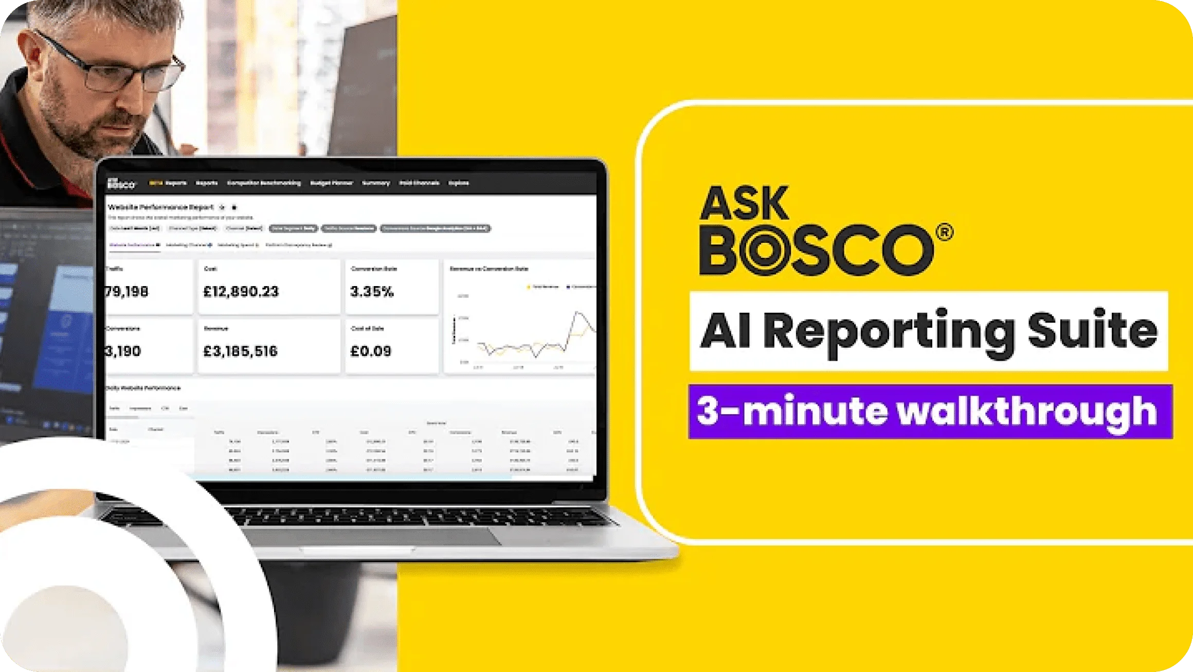 Man viewing website performance analytics dashboard on laptop, promoting Ask Bosco AI Reporting Suite walkthrough video.