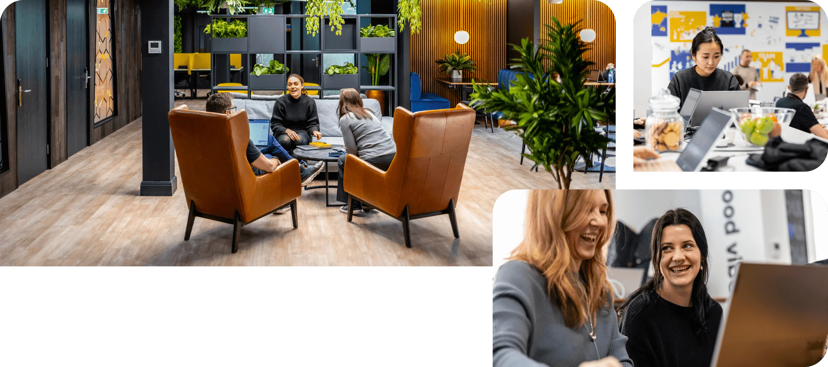 Collage of coworking spaces showing colleagues collaborating, laughing, and working on laptops together.