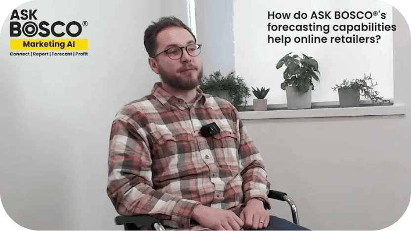Man in plaid shirt seated for interview on ASK BOSCO's forecasting capabilities for online retailers.