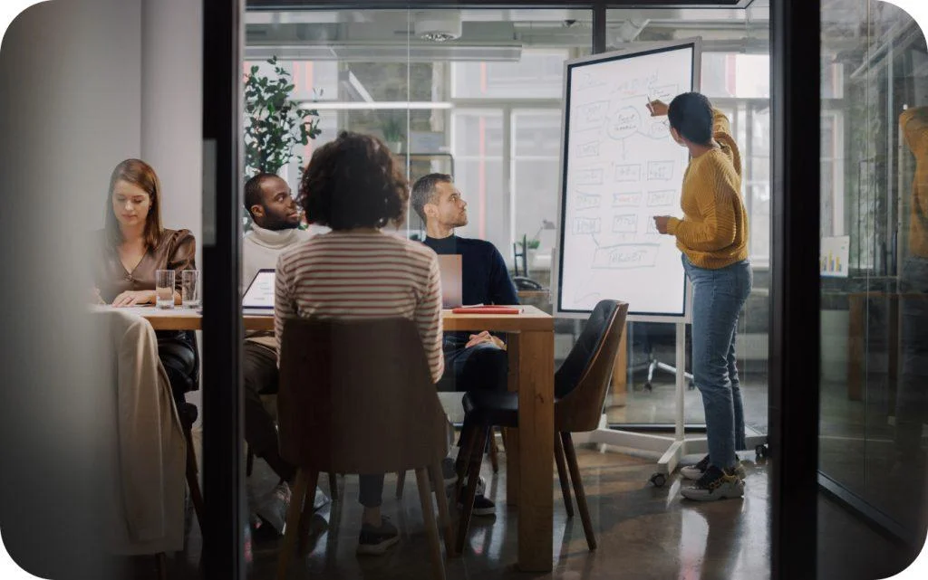 Woman presenting a flowchart on a whiteboard to colleagues during a business meeting in a glass-walled office.