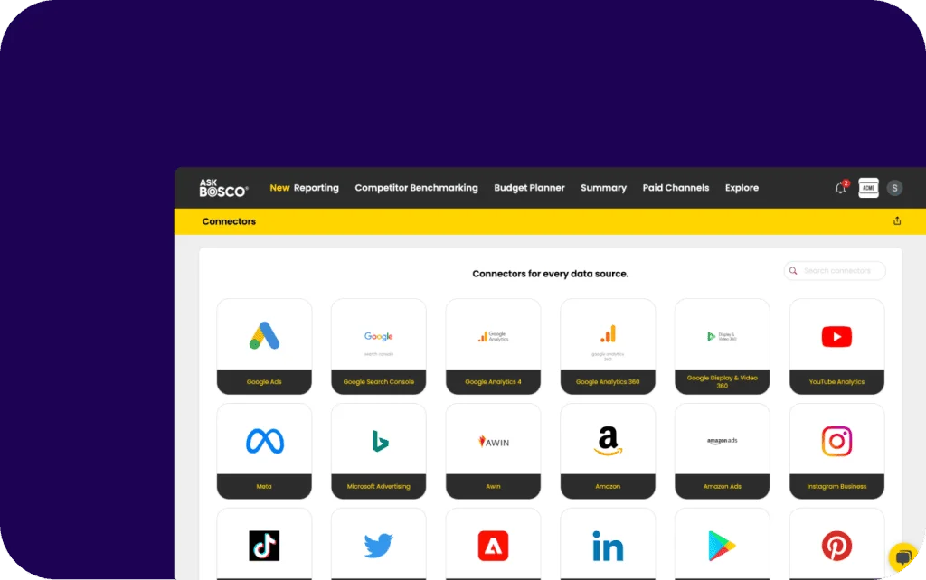 ASK BOSCO dashboard displaying a grid of marketing data connectors including Google Ads, Meta, Amazon, and Instagram for integration.