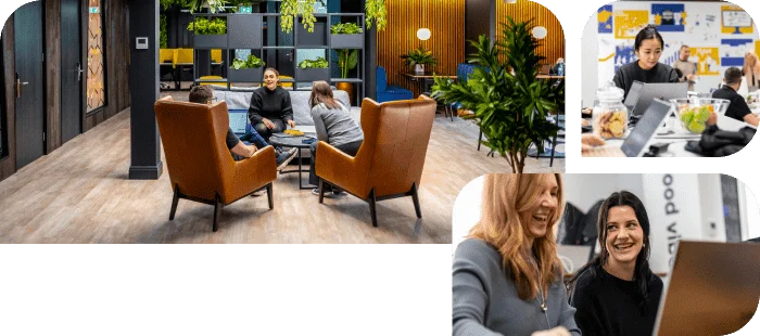 Collage of coworkers collaborating in a modern office with lounge seating, laptops, and plants.