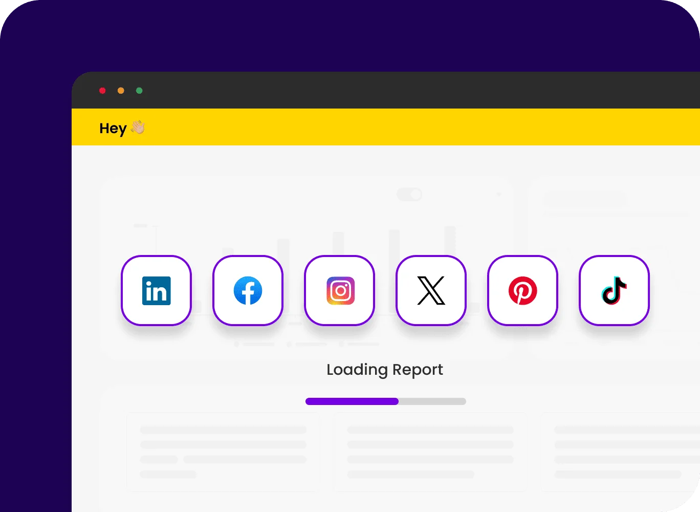 Dashboard showing LinkedIn Reporting Integration with other social media icons and a loading report progress bar.