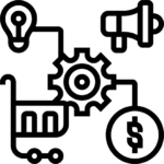 Icon set showing a lightbulb, megaphone, gear, shopping cart, and dollar sign connected by lines.