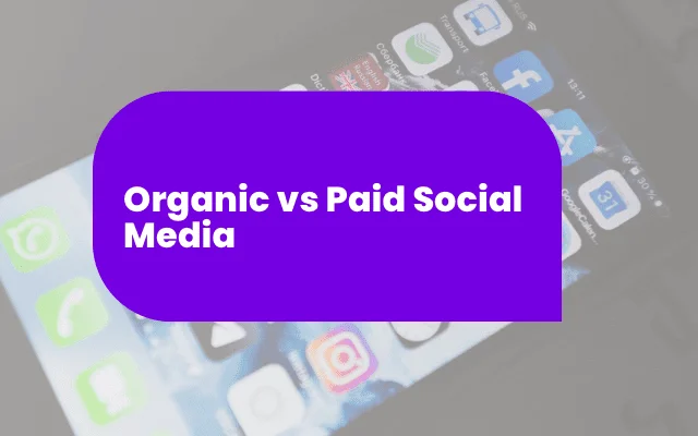 Organic vs Paid Social Media concept with purple banner over a smartphone showing social app icons