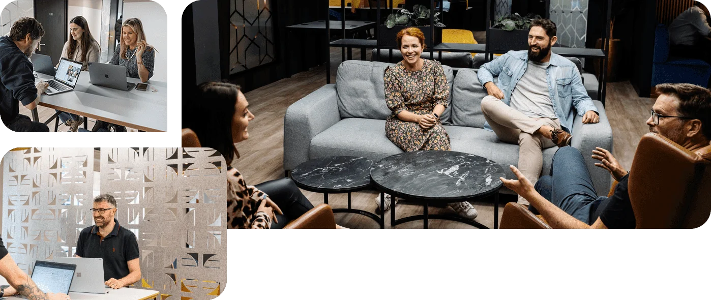 Modo25 team members collaborating in a modern coworking space during casual meetings and laptop work sessions.