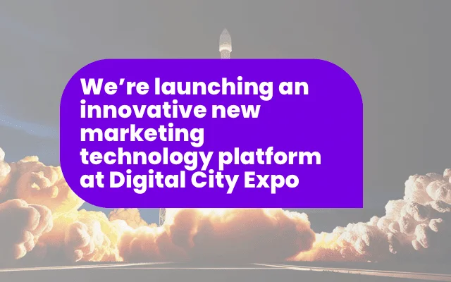 Rocket launch graphic announcing a new marketing technology platform debut at Digital City Expo, tied to ad awareness trends.