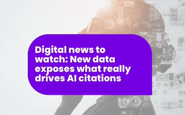 Purple banner headline on AI citation data, with ad awareness insights in a digital news roundup background.