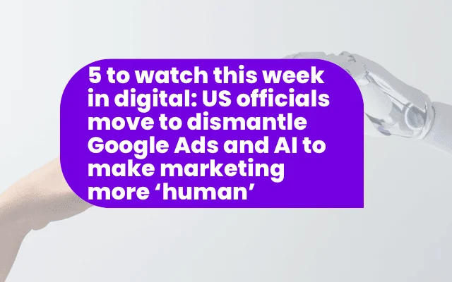 Purple banner headline on international digital marketing news, with a human hand and robotic hand reaching toward each other.