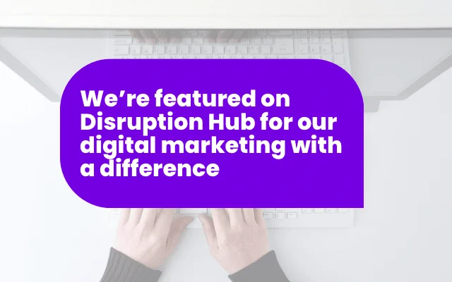 Announcement banner highlighting Disruption Hub feature on digital marketing performance, with hands typing on a laptop.