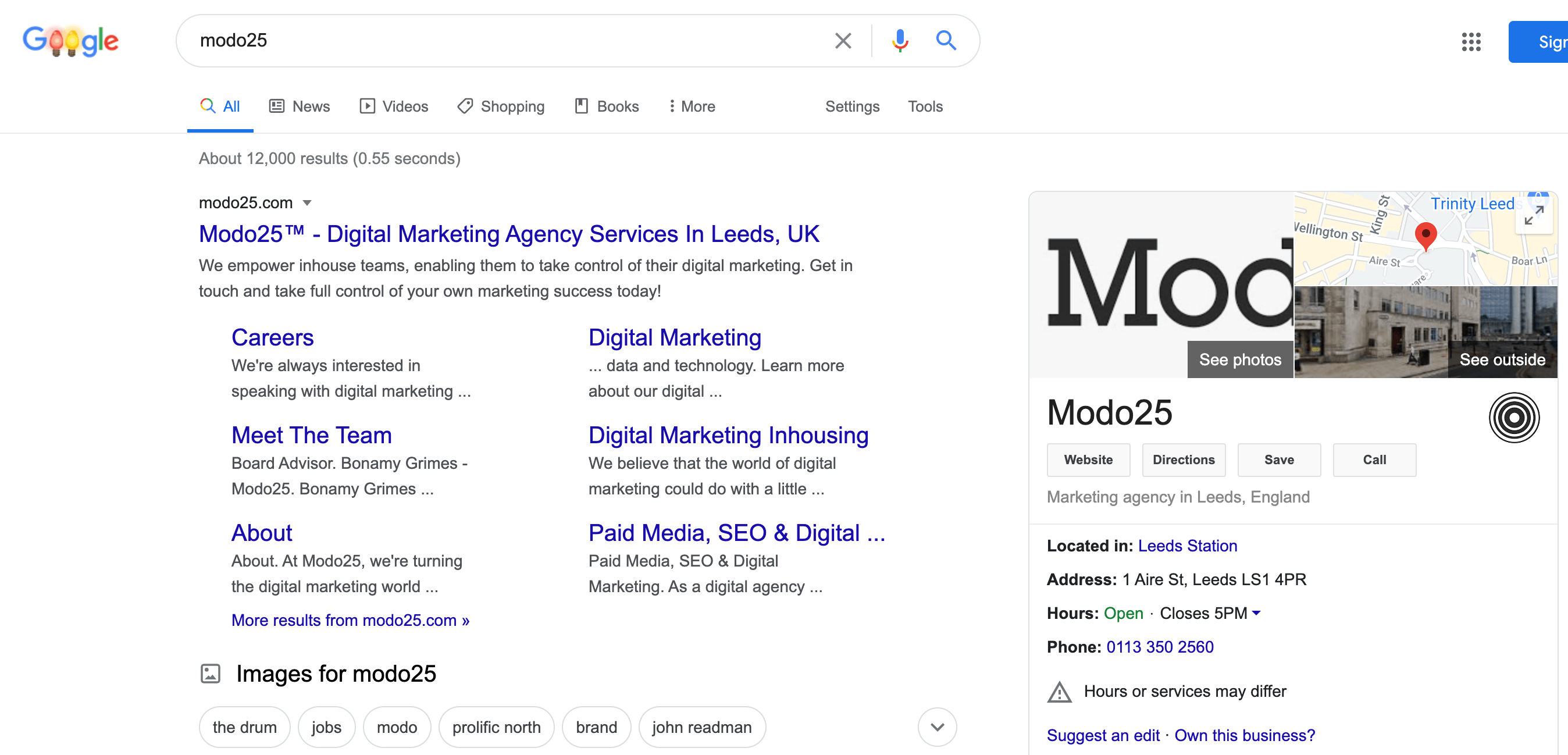 Modo25 Google business profile in SERP